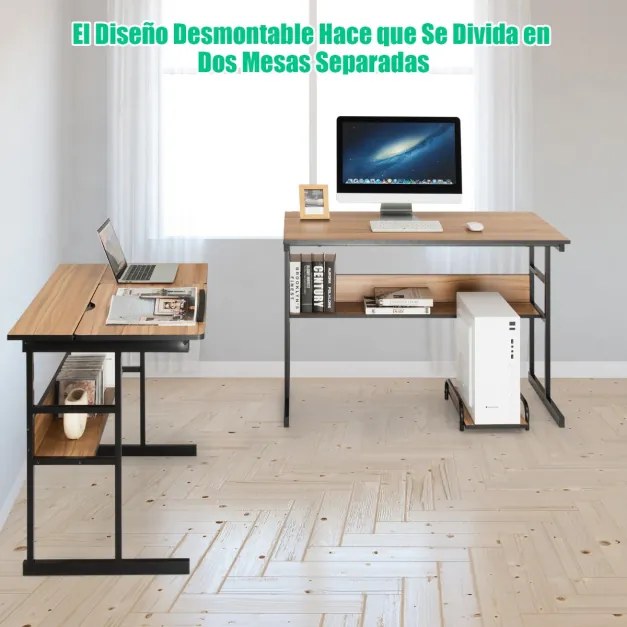 Mesa moderna de escritorio em forma de L, mesa de design inclinado com estrutura metálica inferior Castanho Claro