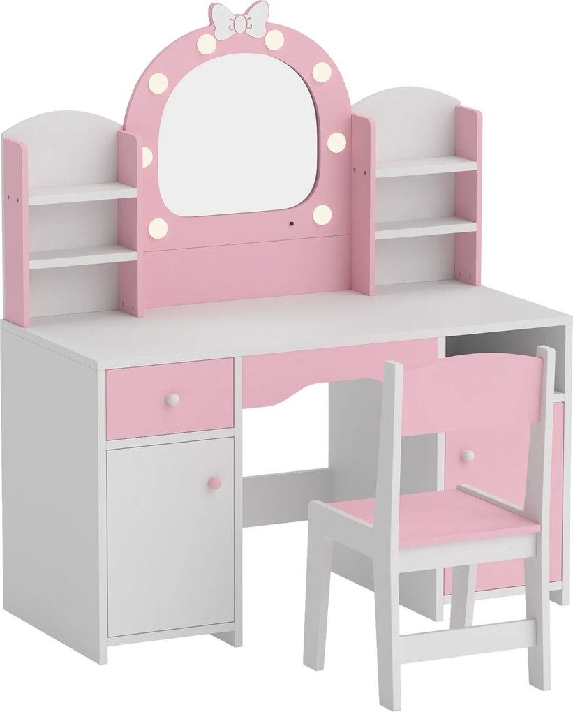 Penteadeira Infantil com Espelho LED 2 Cores, Banco, 2 Armários, Gaveta e Prateleiras, Rosa