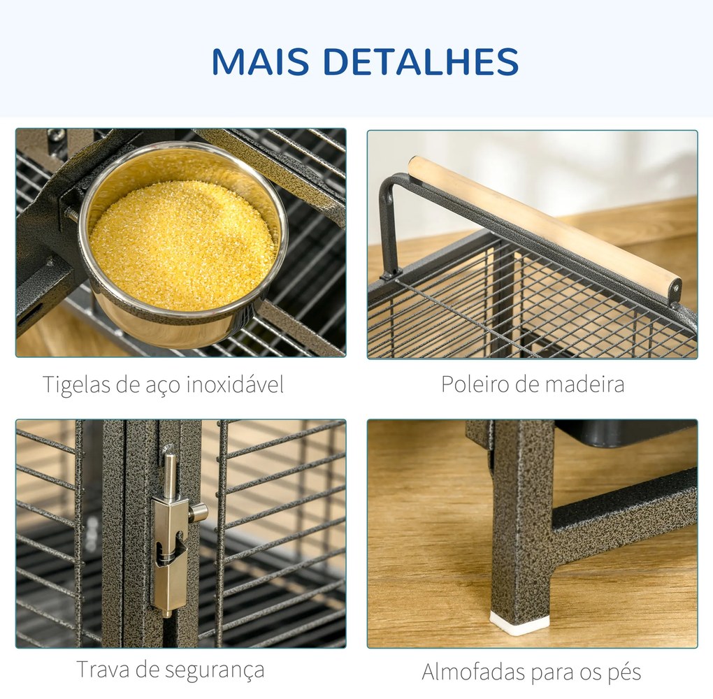Gaiola para Pássaros Portátil com 2 Poleiros de Madeira Comedouros de Aço Inoxidável e Bandeja Amovível 48x38x47,8 cm Preto
