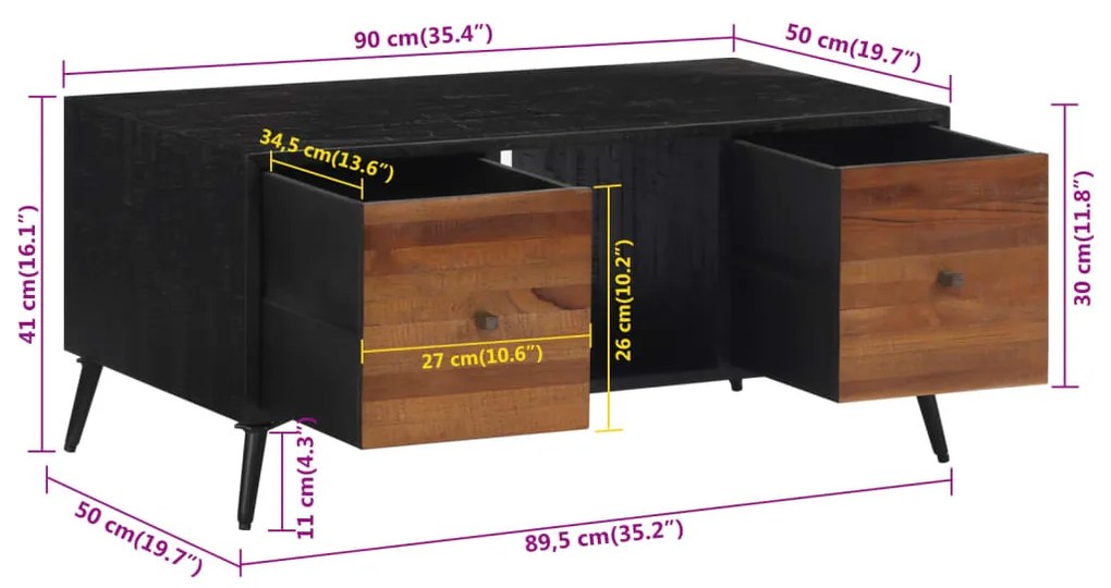 Mesa de centro 90x50x41 cm teca recuperada maciça