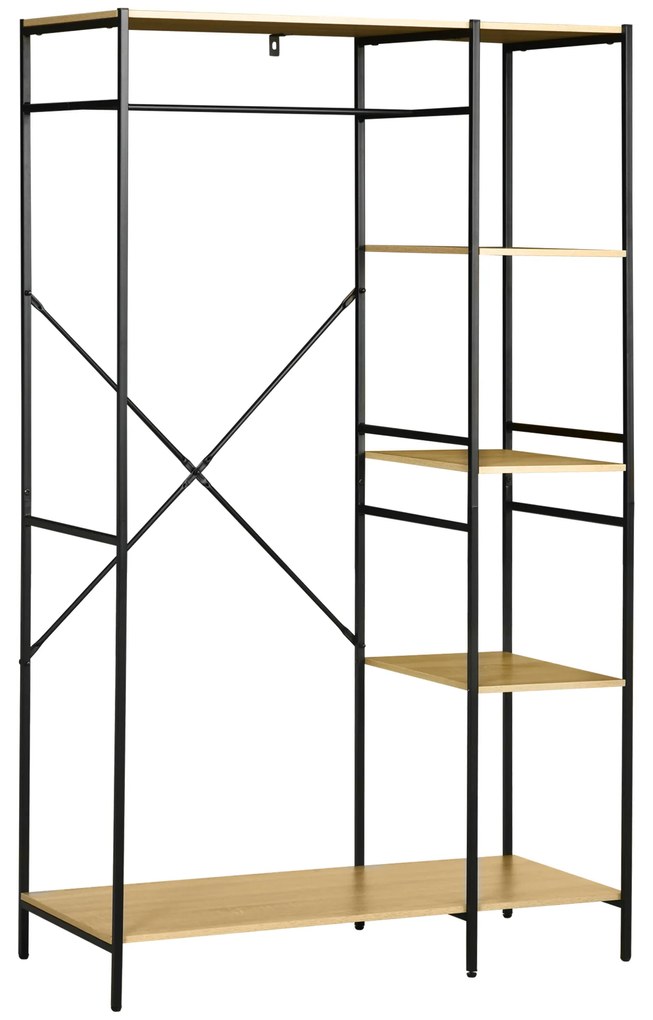 HOMCOM Suporte para Cabides Cabideiro de Madeira com 4 Prateleiras de Arrumação e Barra de Pendurar 100x46x170,5cm Madeira e Preto