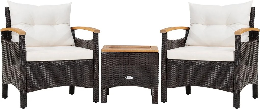 Conjunto jardim de 3 peças de mobiliário de jardim com mesa de centro Almofada amovível Apoio de braços em madeira de acácia para pátio Piscina Castan