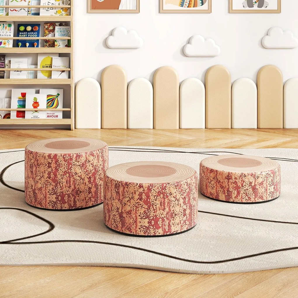 Conjunto de 3 bancos em forma de tronco de árvore para crianças Almofadas de chão com diferentes alturas para salas de aula ou creche Cor 1