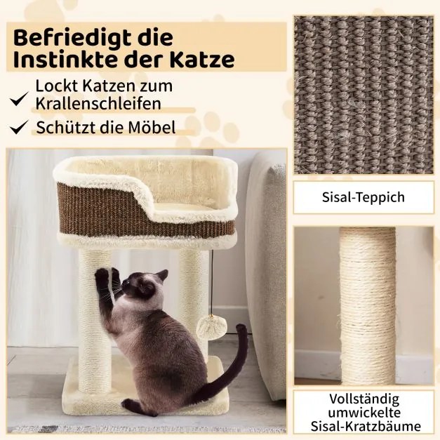 Arranhador para gatos 38 x 38 x 51 cm pequeno com assento em pelúcia, bola e colunas de sisal, bege