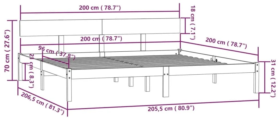 Estrutura de cama 200x200 cm pinho maciço cinzento