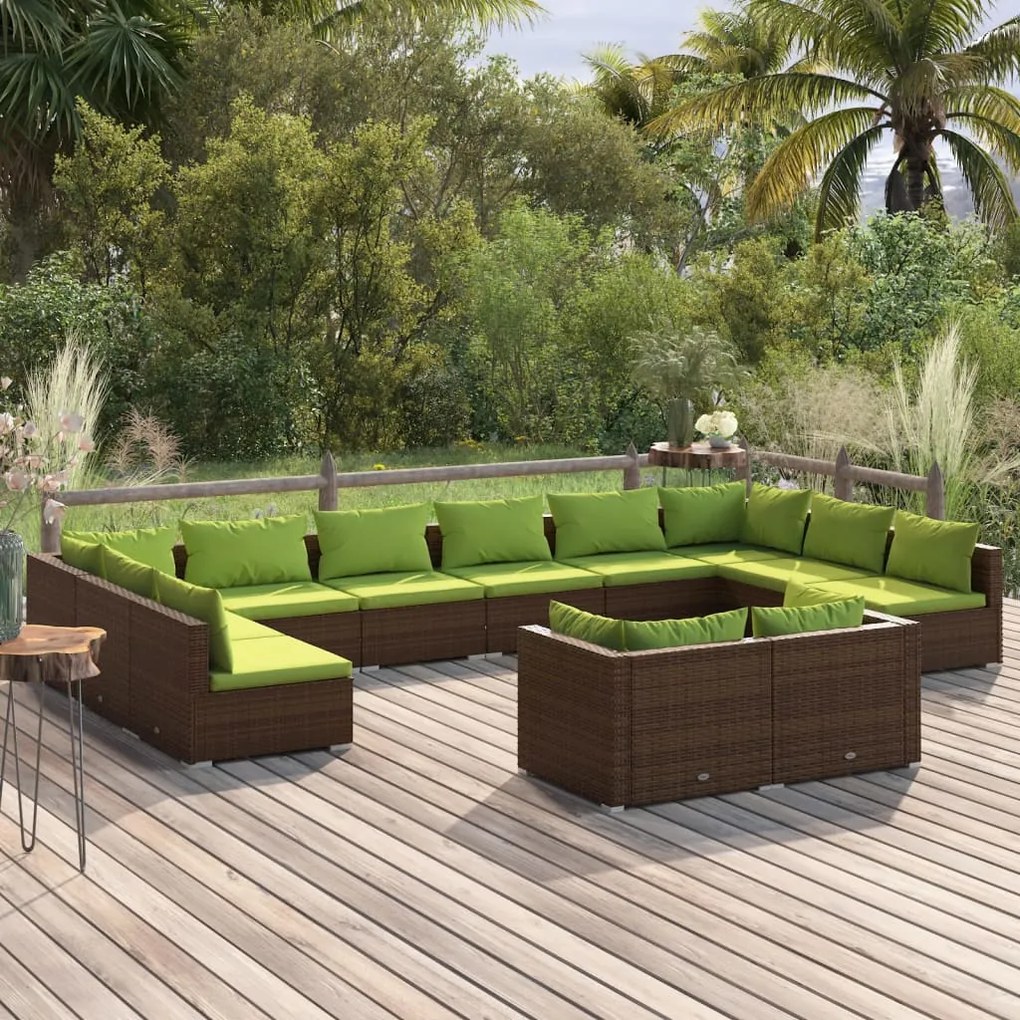vidaXL 12 pcs conjunto lounge de jardim c/ almofadões vime PE castanho