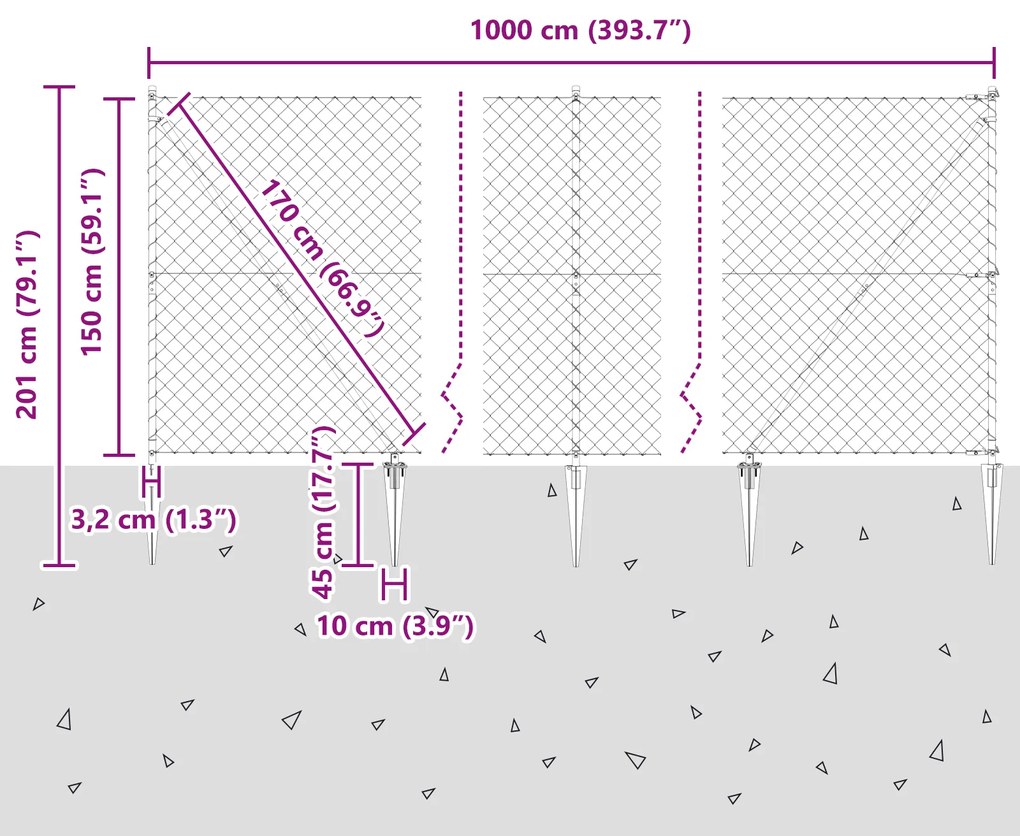 Cerca de Cadeia com 7 Postes de Espeto 1.5x10 m Aço Galvanizado
