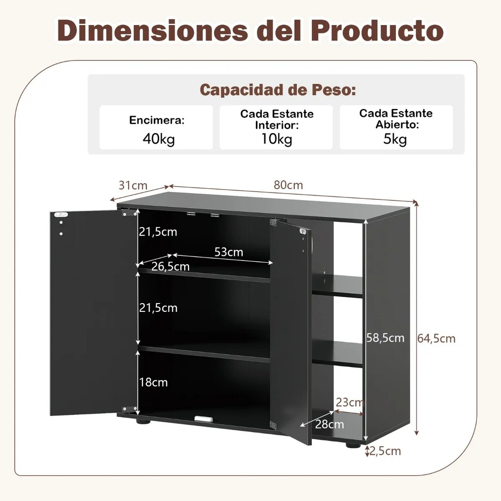 Sapateira com portas 80 x 31 x 64,5 cm sapatos de 3 níveis com prateleiras ajustáveis Preto