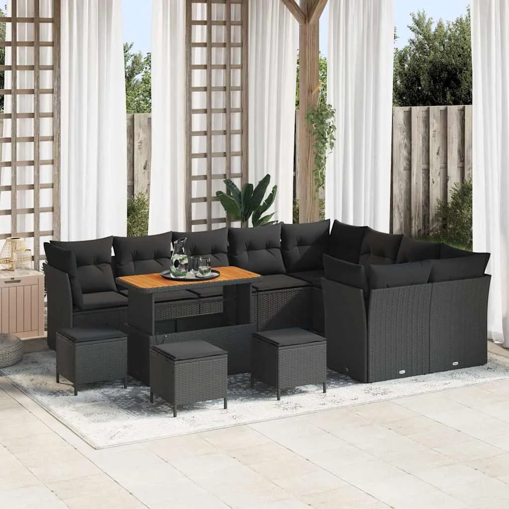 vidaXL Conjunto de Sofás de Jardim com 13 Peças e Almofadas Pretas em Polirattan e Madeira de Acácia