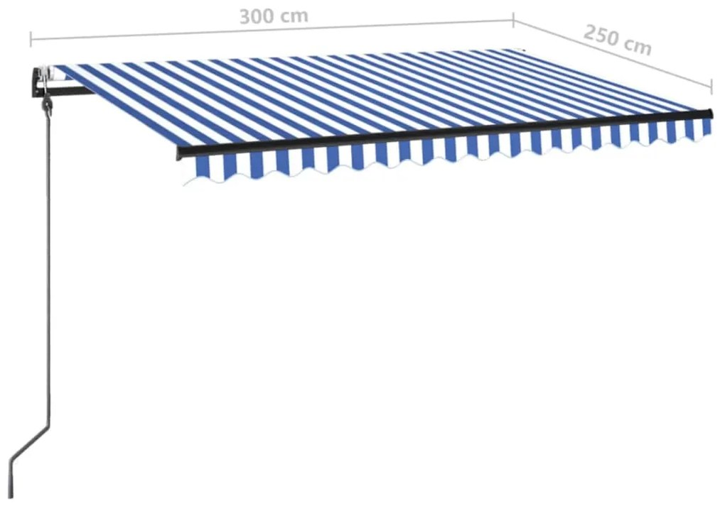 Toldo automático LED e sensor de vento 300x250 cm azul e branco