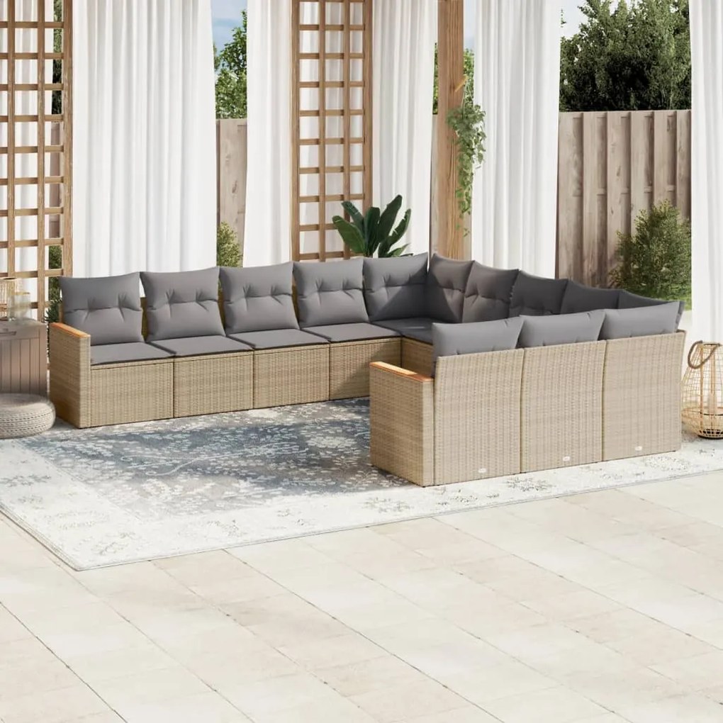11 pcs conjunto sofás de jardim c/ almofadões vime PE bege