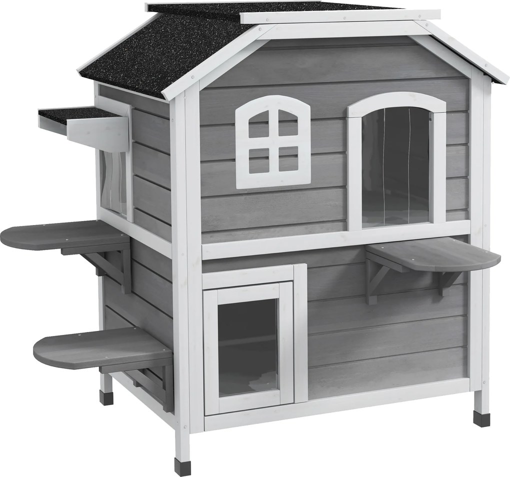 PawHut Casa para Gatos em Madeira 2-Etagen resistente ao inverno impermeável Abrigo para Gatos com telhado de asfalto tampa dobrável escada caverna para gatos Outdoor abrigo para jardim varanda 99,5 x 76 x 91 cm Cinza | Aosom Portugal