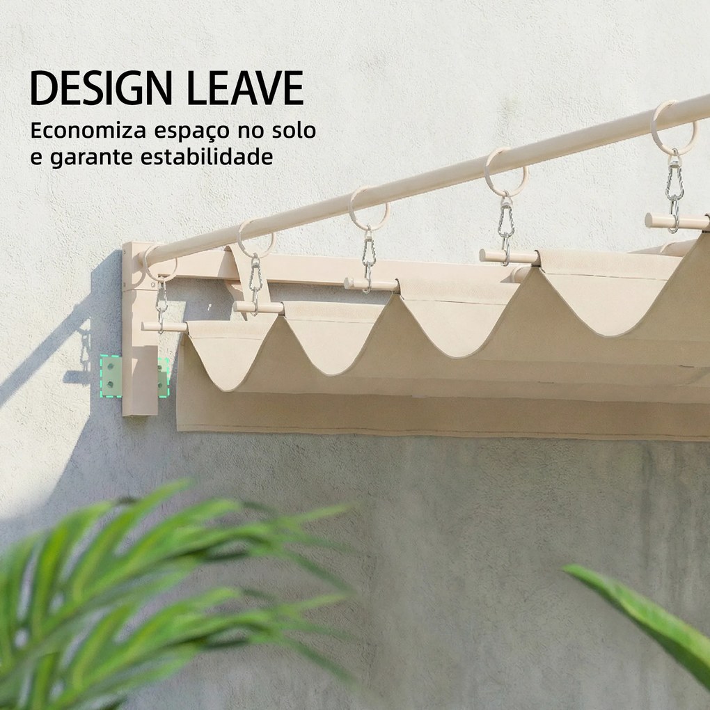 Pérgola de Parede para Jardim 3x3 m com Teto Retrátil Proteção UPF30+ e Drenagem Pérgola para Exterior Bege