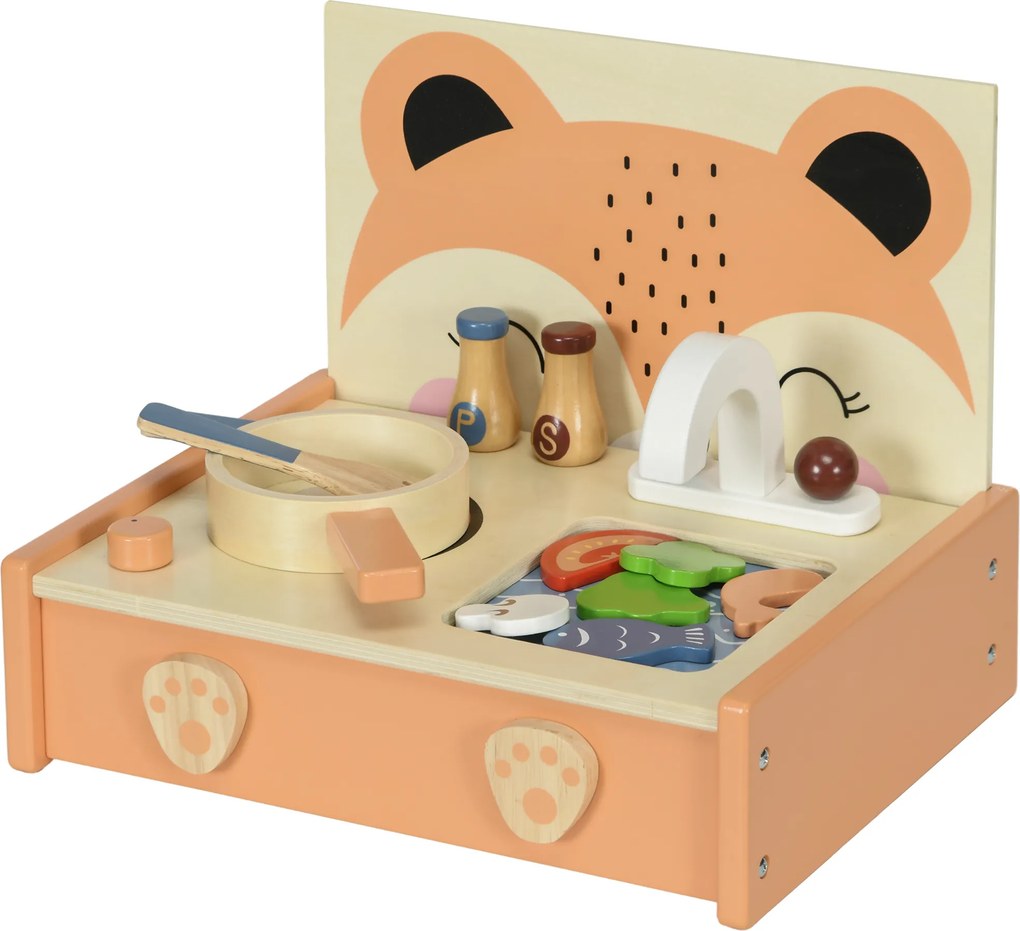 Mini-cozinha de brincar em madeira para crianças com 12 acessórios 31,5 L x 23,5 L x 25 A cm: frigideira, espátula, condimentos, frutas e legumes - pa