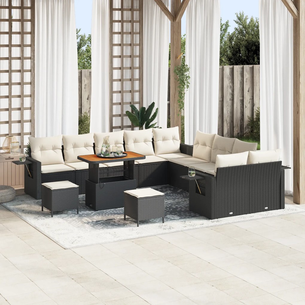 Conjunto de Sofá de Jardim vidaXL de 13 Peças com Almofadas Preto Vime Sintético Acácia
