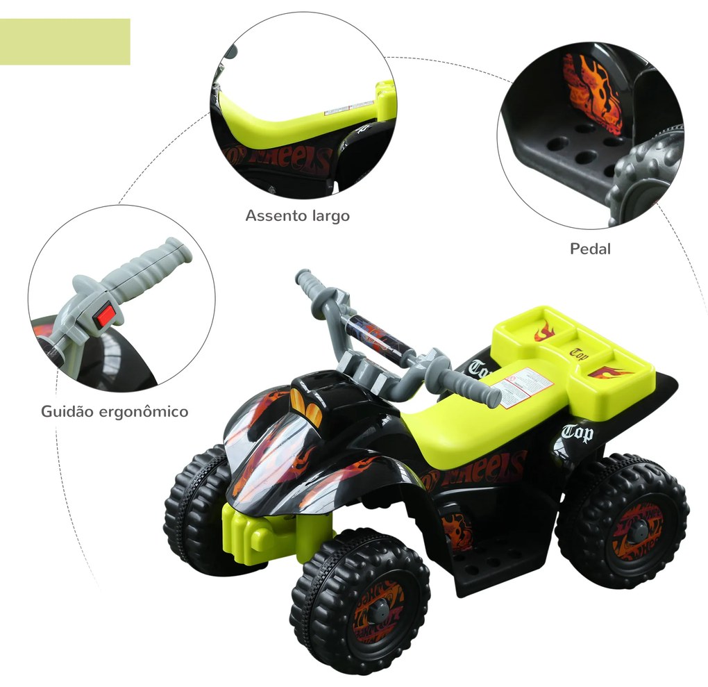 HOMCOM Quadriciclo Bateria 6V Mota Elétrica para Crianças acima de 18 Meses Velocidade 2,5km/h Carga Máx 20kg Sons Luzes e Carregador Incluido 66x43x43 Preto e Amarelo