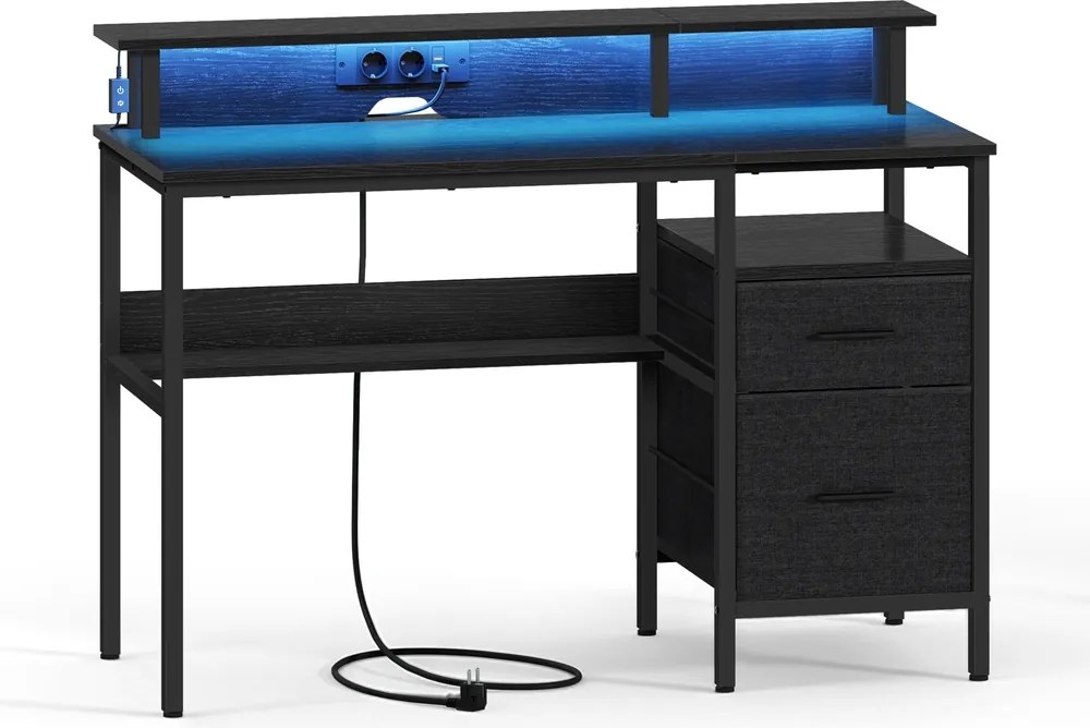 Secretária com iluminação LED, 2 tomadas CA e 2 portas USB 55 x 135 x 90 cm e com suporte para monitor Preta