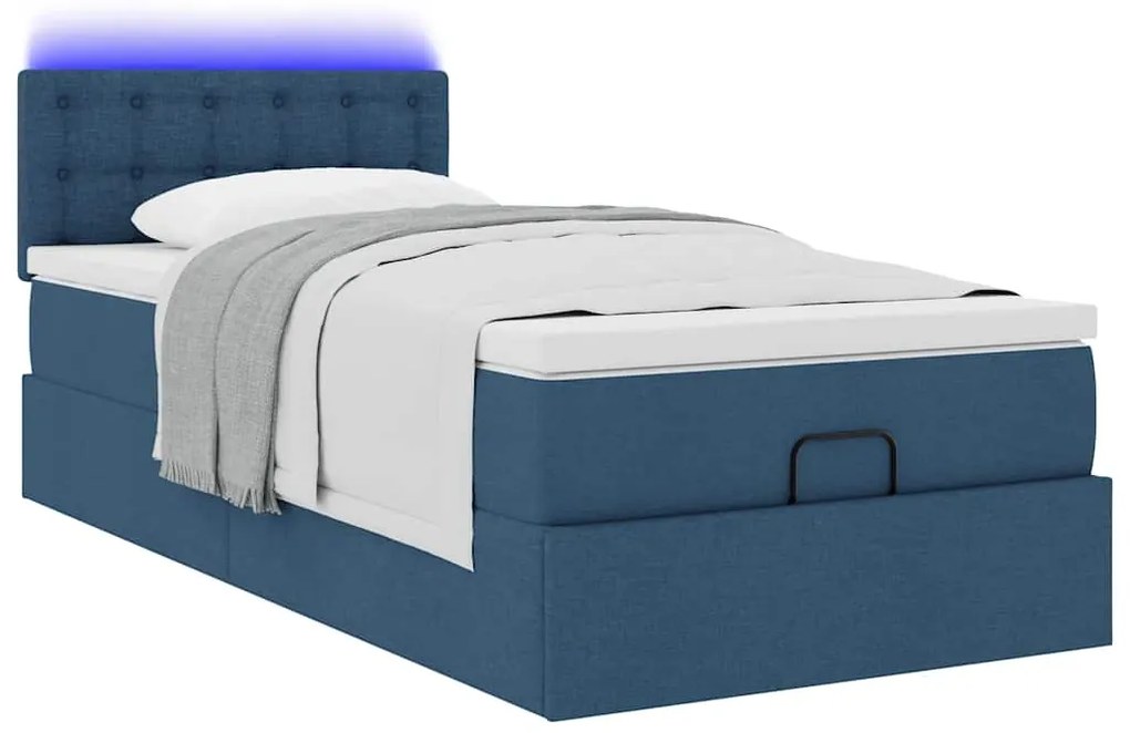 Cama Otomana com Colchão & LEDs Tecido Azul 90x200 cm