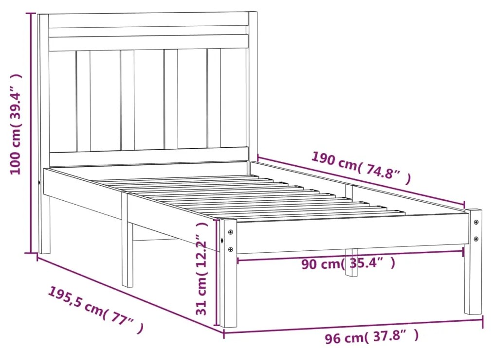 Estrutura de cama solteiro 90x190 cm madeira maciça