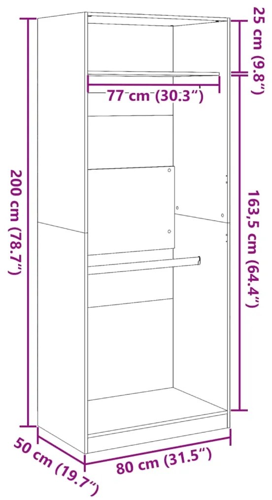 Roupeiro 80x50x200 cm derivados de madeira cinzento sonoma