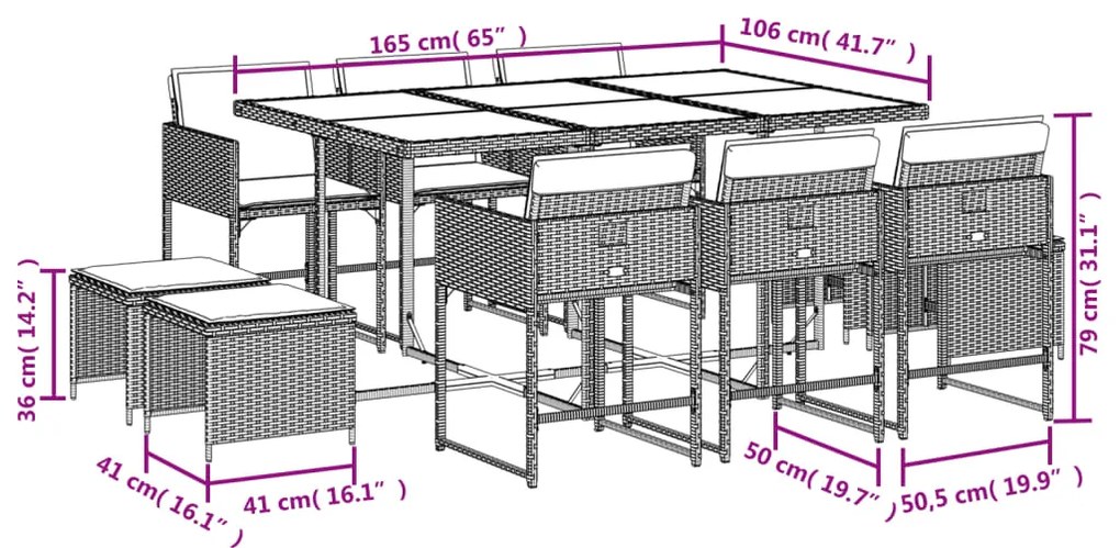 11 pcs conjunto de jantar p/ jardim c/ almofadões vime PE preto