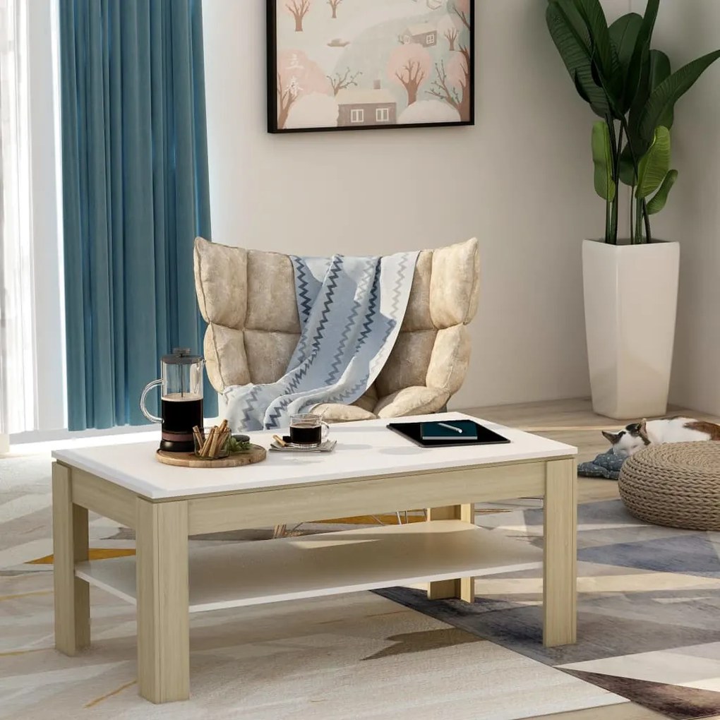 vidaXL Mesa de centro 110x60x47 cm contrapl. branco e carvalho sonoma