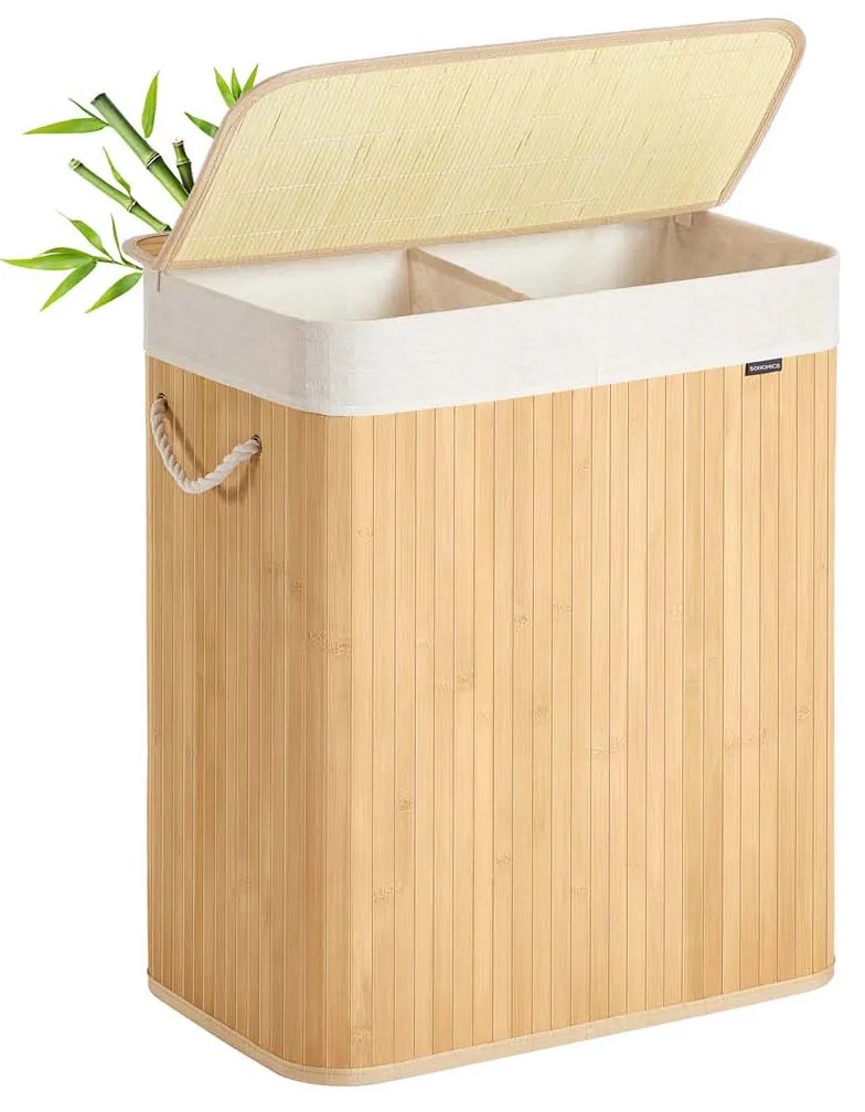 Cesto para roupa suja em bambu com 2 compartimentos 52 x 32 x 61 cm cor natural