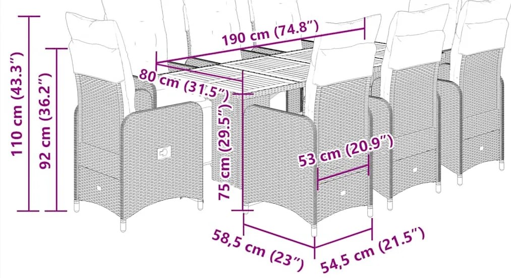 9 pcs conjunto bistrô de jardim c/ almofadões vime PE cinzento