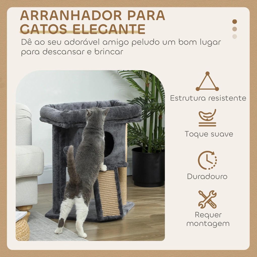 Arranhador para Gatos Pequenos 57 cm com Rampa para Arranhar Caverna Cama e Bola Suspensa 40x40x57 cm Cinzento Escuro