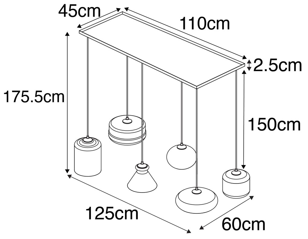 Candeeiro de suspensão Art Deco preto com vidro fumê 6-luzes - Wallace
