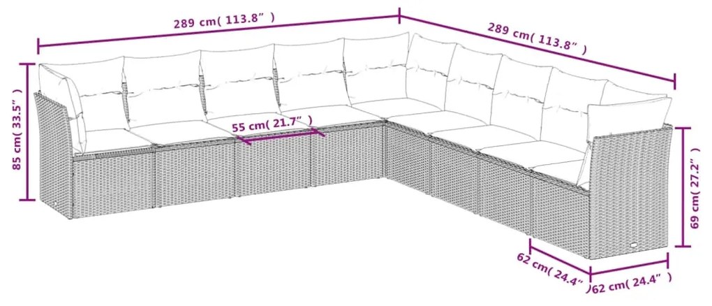 9 pcs conjunto de sofás p/ jardim com almofadões vime PE bege