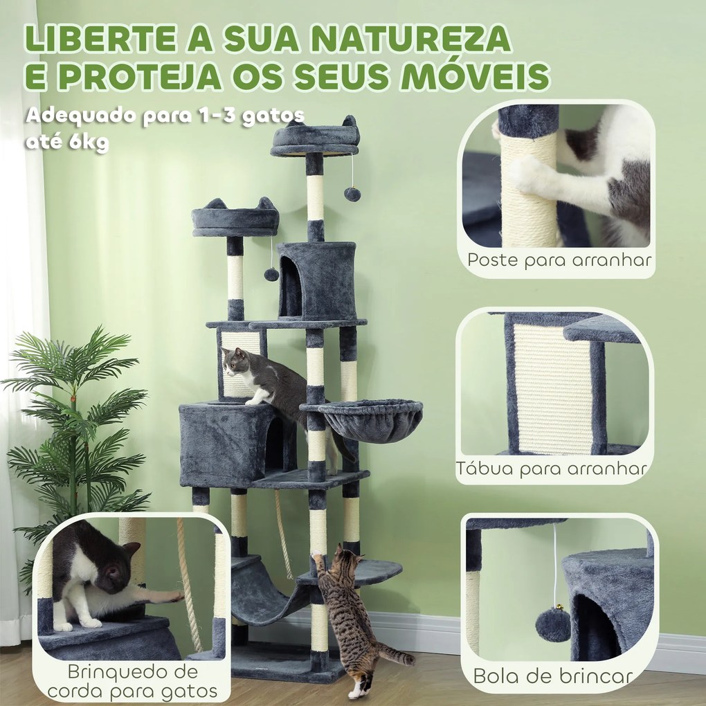 Arranhador para Gatos Grande 60x50x206 cm Torre para Gatos com Plataformas Caverna Bolas Suspensa e Rede Cinza Escuro