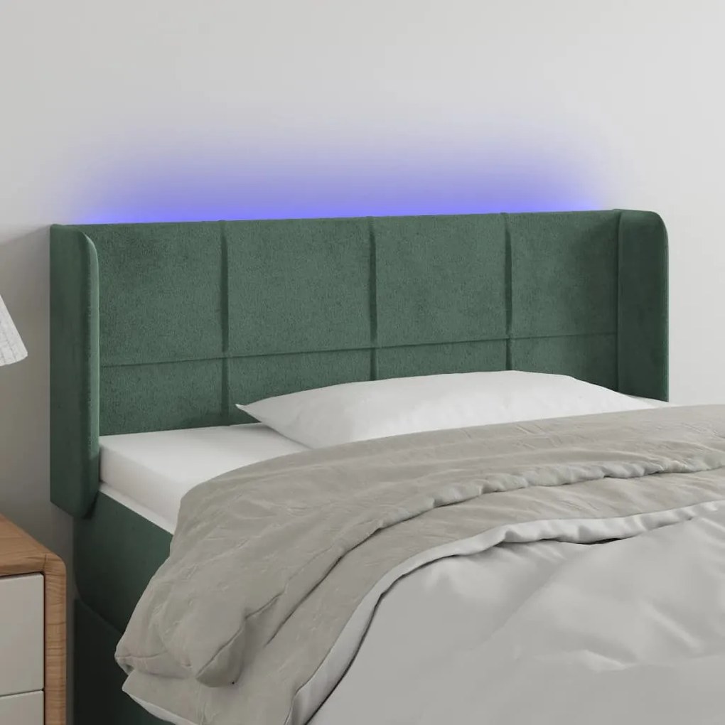 Cabeceira cama c/ luzes LED veludo 93x16x78/88 cm verde-escuro