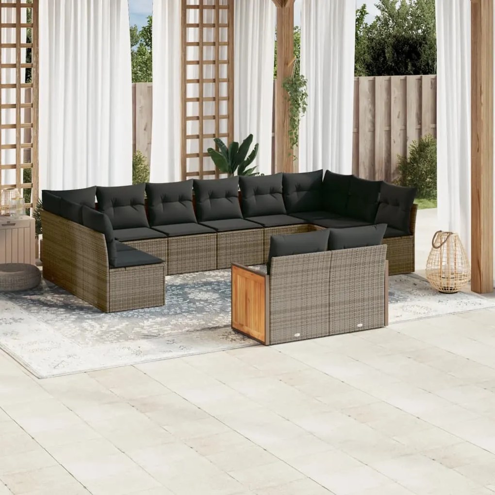 12 pcs conjunto de sofás jardim c/ almofadões vime PE cinzento