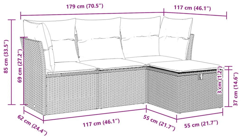 4 pcs conjunto sofás de jardim c/ almofadões vime PE castanho