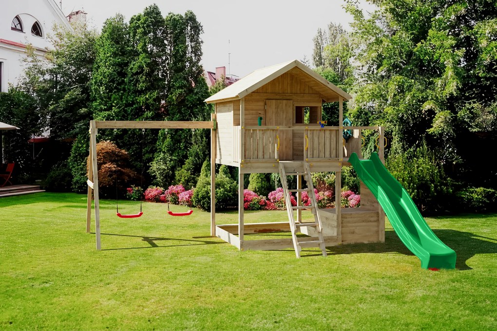 Parque infantil Crianças Exterior Madeira GALAXY SUNSHINE KDI com Escorrega Verde, Baloiço Duplo, casa com telhado, parede escalada, leme, telescópio