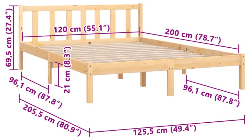 Estrutura de Cama Jane em Madeira de Pinho - 120x200 cm - Cor Natural