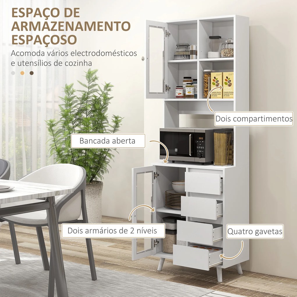 Armário de Cozinha com 2 Armários com Portas de Vidro Temperado 2 Compartimentos Abertos 4 Gavetas 60x35x180 cm Branco