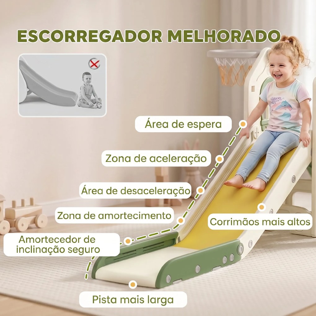Escorrega Infantil Dobrável 4 em 1 com Trepador, Aro de Basquetebol, Bola, Arrumação e Degraus Creme