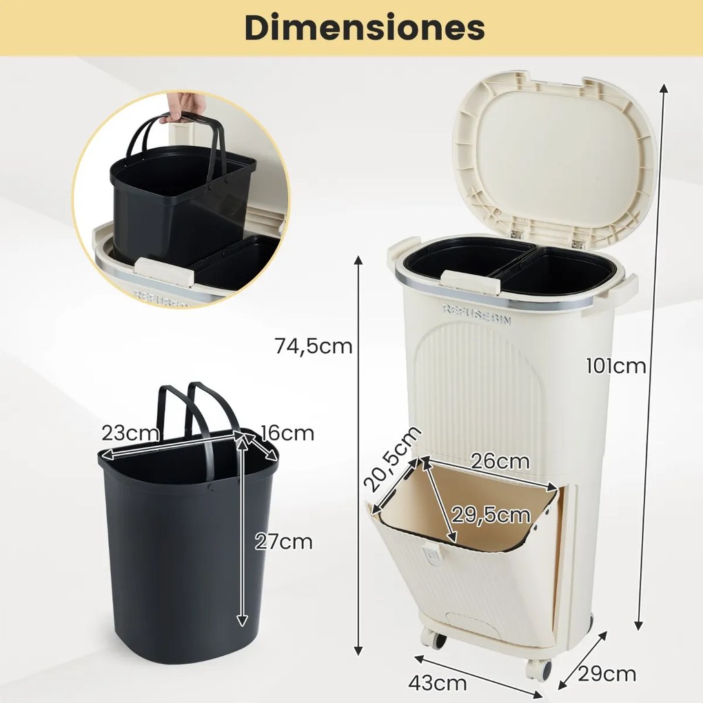 Caixote do lixo de 38 L com dupla camada, 2 caixotes removíveis, pedal e rodas para sala, cozinha e casa de banho, bege