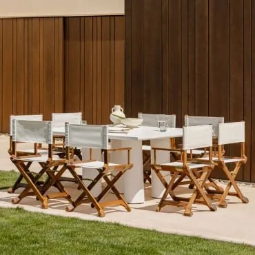 Conjunto De Mesa Quadrada De 150x150 Cm Em Cimento Lisboa E 8 Cadeiras Dobráveis De Madeira Ridley Para Diretor De Jardim Branco Quebrado - Sklum