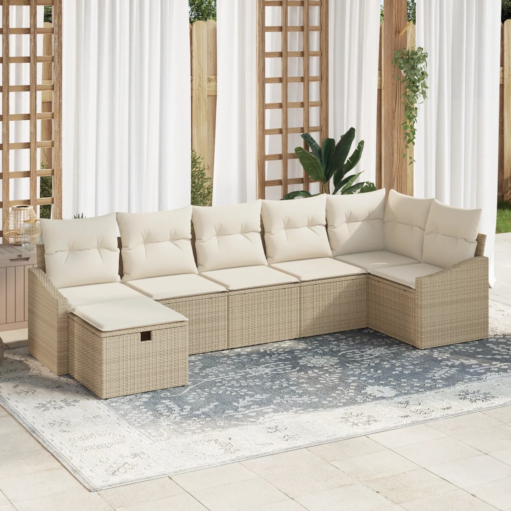 Conjunto de Sofá de Jardim 7 Peças com Almofadas Bege Rattan Poly