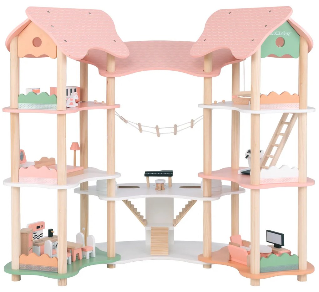 Casa de Bonecas de Madeira para Crianças 3-8 Anos 7 Quartos 3 Níveis 32 Peças de Mobiliário Realista Acessórios Teto Rosa
