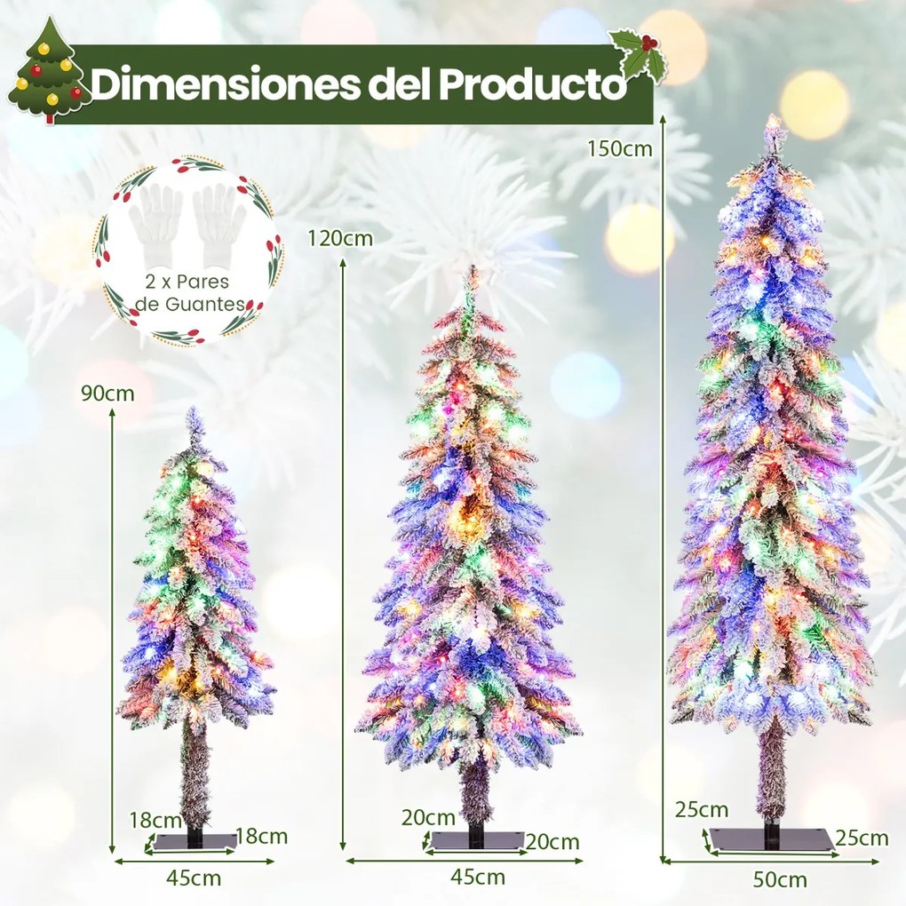 Conjunto de 3 árvores de Natal artificial de 90 cm, 120 cm e 150 cm Árvores de Natal iluminadas com 115+207+275 pontas de ramos com neve verdes