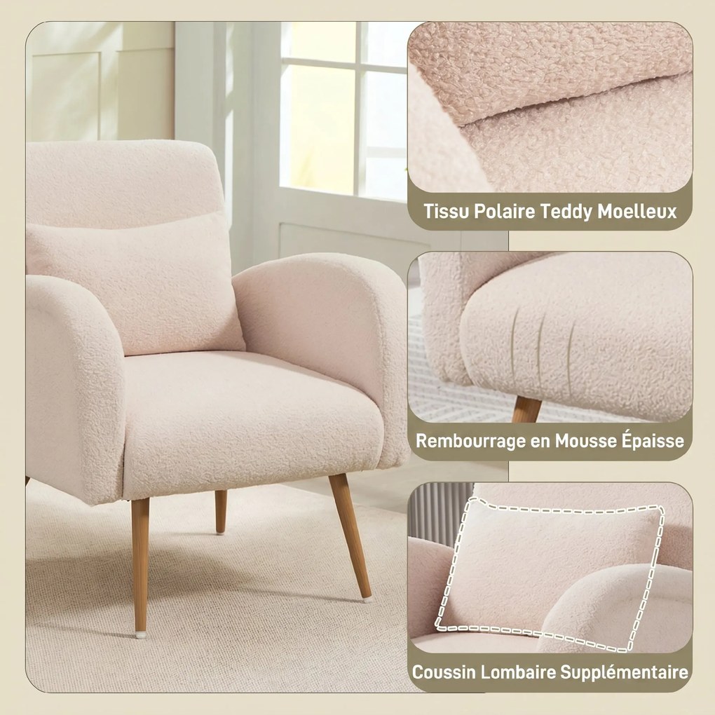 Poltrona de sala em tecido Teddy, cadeira estofada, assento largo, almofada lombar, pés em metal com efeito de madeira, bege