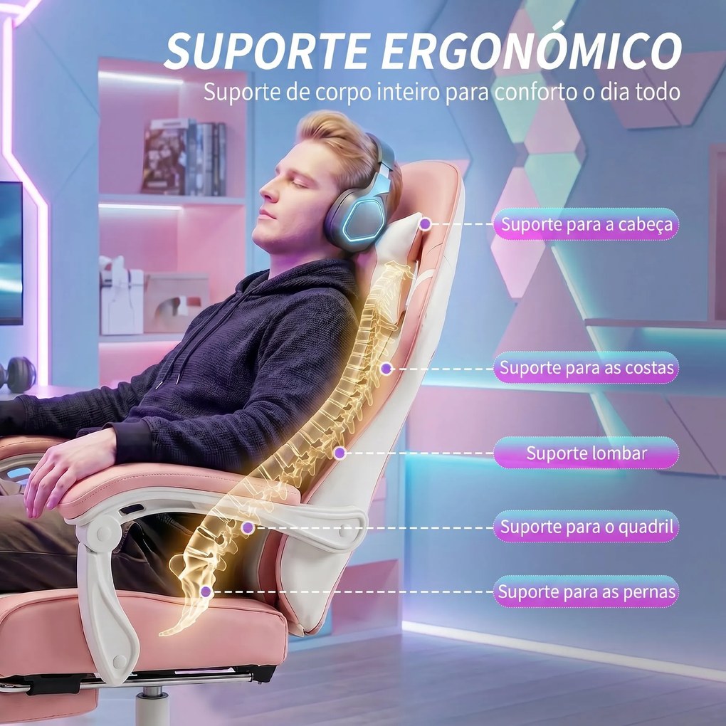 Cadeira Gaming Reclinável 155° com Suporte Lombar com Massagem Apoio de Cabeça e Apoio para os Pés 63x66x126-134 cm Rosa