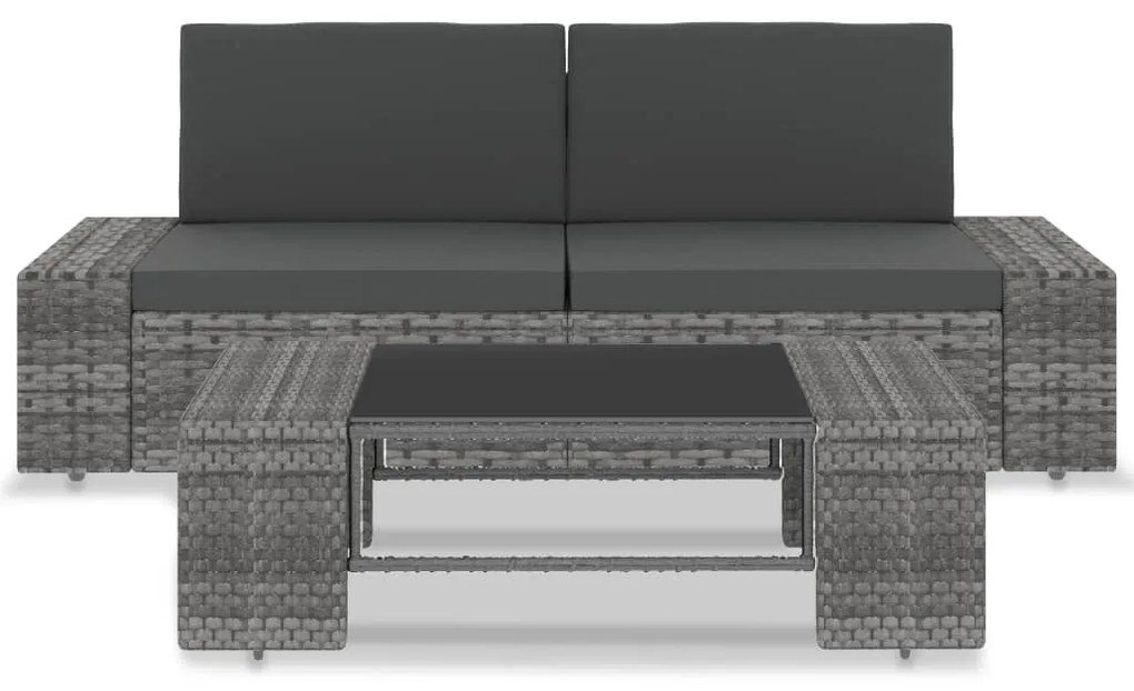 3 pcs conjunto lounge de jardim vime PE cinzento