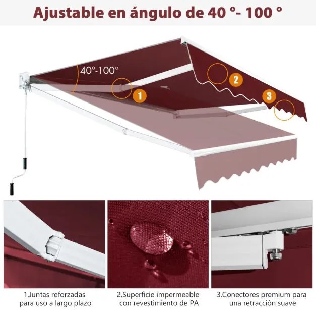 Toldo retrátil 245 x 200 cm com manivela manual em poliéster impermeável, marquise em alumínio para porta de parede ou janela Cor de Vinho