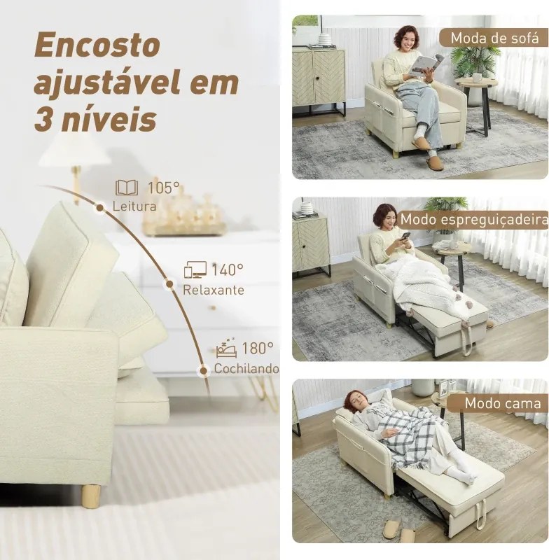 Poltrona Cama Estofado em Veludo Ecológico com Encosto Ajustável 3 Níveis 6 Bolsos Laterais 74x85,5x82 cm Bege