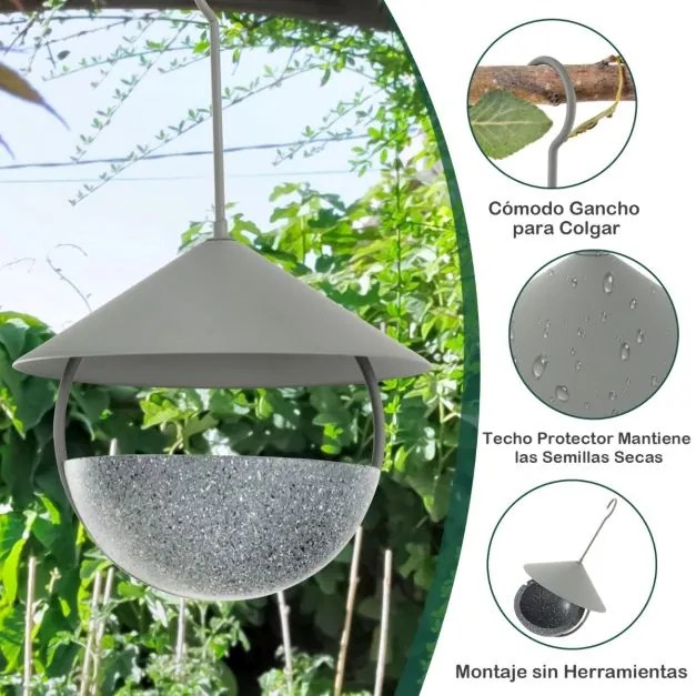 Alimentador de pássaros metálico suspenso 2 em 1 com cúpula à prova de intempéries, gancho e reservatório de água Natural